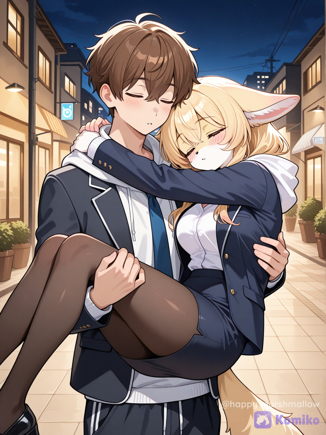 furry female, Wearing an office uniform, Men are human beings, A man wearing loungewear, Her boyfriend was carrying her home while she was asleep by the roadside, and as he carried her in a princess style, she hugged his neck very tightly, but he didn't say anything.