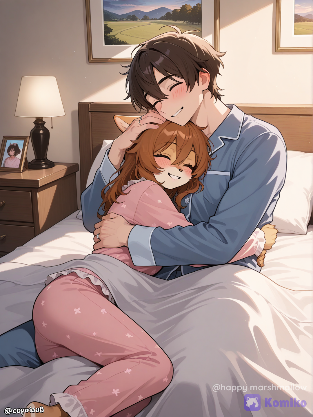 furry female, Men are human beings, After they got married, She hugged him very tightly and refused to let go, while he stroked her head, There was a picture of them married placed next to the head of the bed.