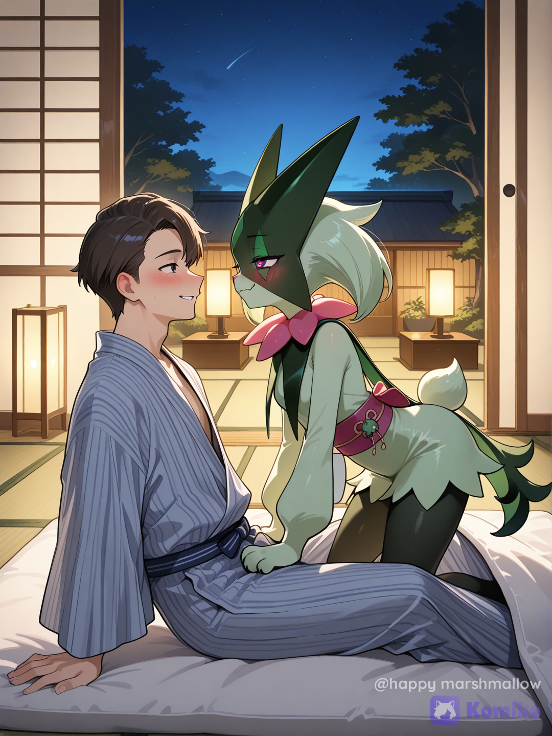 meowscarada (pokemon), Male trainer, The trainer took Meowscarada to stay at a ryokan (traditional Japanese inn), Meowscarada wore a yukata without an obi (sash) and tried to flirt with her trainer with affection.
