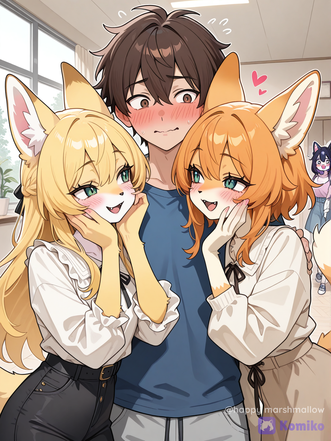 furry female, Men are not furry, 1boy, 2girl, 3people, The two furry females were playfully teasing their boyfriends, making them blush.
