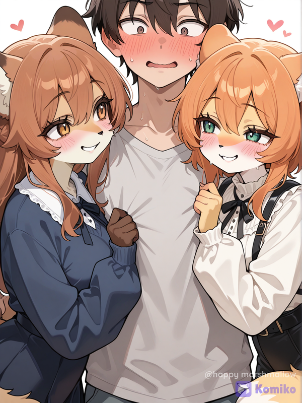 furry female, Men are not furry, 1boy, 2girl, 3people, The two furry females were playfully teasing their boyfriends, making them blush.