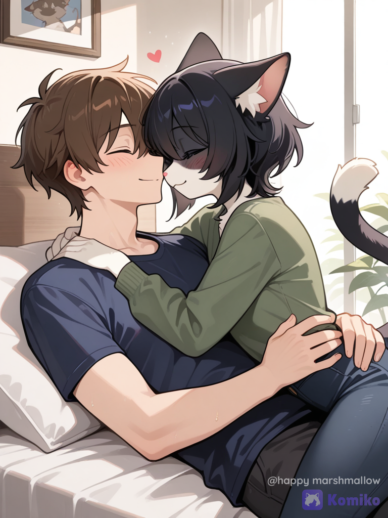 furry female, cat woman, Men are not furry, She was sitting comfortably and happily on her boyfriend's chest, furry female x human male.
