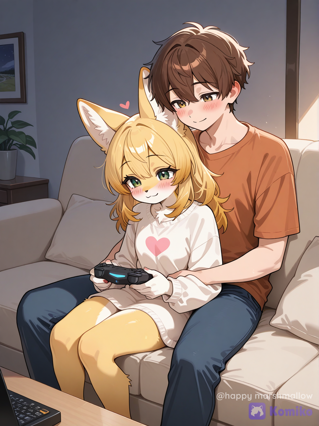 furry female, Men are not furry, She was sitting on her boyfriend's lap, and they were playing a game together in a very sweet and romantic way, furry female x human male.