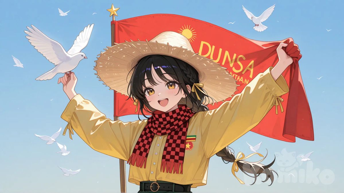 ​The image is a bright, stylized, and evocative illustration featuring a young girl joyfully holding a large flag against a clear blue sky.

​The Subject: A young girl with a happy, wide-open smile is the central figure. She has long, dark braided hair tied with yellow ribbons, and she is wearing a wide-brimmed hat (perhaps a nón lá or similar sun hat) and a simple, long-sleeved garment, with a checkered scarf visible around her neck. Her arms are raised as she firmly grips the flagpole. ​The Flag: She is holding the Flag of Vietnam (a large red flag with a central yellow star). The flag is billowing dramatically against the sky, taking up a significant portion of the upper frame. ​The Setting/Atmosphere: The background is a vibrant, clear blue sky, suggesting a sunny day. The illustration has a warm, painterly, and slightly nostalgic quality. ​Symbolism/Other Elements: Two white doves, symbols of peace, are flying on either side of the girl, adding to the feeling of freedom and hope. The overall mood is joyful, patriotic, and optimistic. 

​In a single sentence: An illustration of a smiling young girl holding up a large Vietnamese flag, flanked by two white doves flying against a bright blue sky, conveying a sense of joy and national pride.