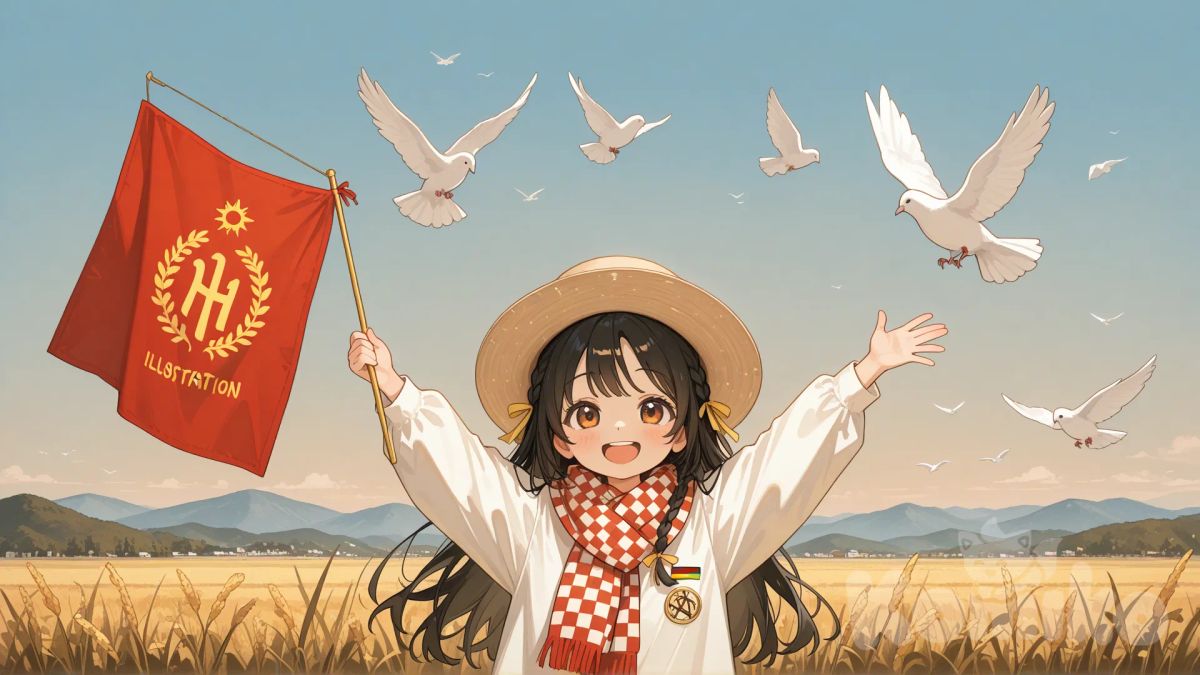 ​The image is a bright, stylized, and evocative illustration featuring a young girl joyfully holding a large flag against a clear blue sky.

​The Subject: A young girl with a happy, wide-open smile is the central figure. She has long, dark braided hair tied with yellow ribbons, and she is wearing a wide-brimmed hat (perhaps a nón lá or similar sun hat) and a simple, long-sleeved garment, with a checkered scarf visible around her neck. Her arms are raised as she firmly grips the flagpole. ​The Flag: She is holding the Flag of Vietnam (a large red flag with a central yellow star). The flag is billowing dramatically against the sky, taking up a significant portion of the upper frame. ​The Setting/Atmosphere: The background is a vibrant, clear blue sky, suggesting a sunny day. The illustration has a warm, painterly, and slightly nostalgic quality. ​Symbolism/Other Elements: Two white doves, symbols of peace, are flying on either side of the girl, adding to the feeling of freedom and hope. The overall mood is joyful, patriotic, and optimistic. 

​In a single sentence: An illustration of a smiling young girl holding up a large Vietnamese flag, flanked by two white doves flying against a bright blue sky, conveying a sense of joy and national pride.