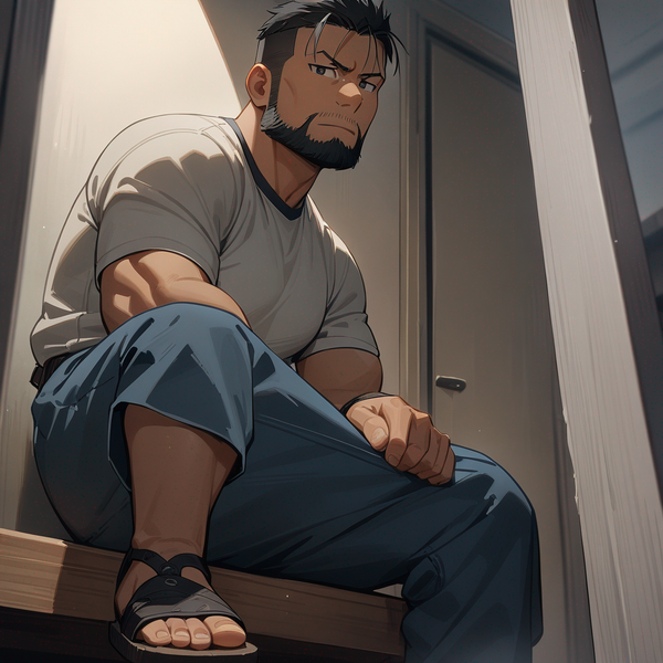 fullmetal alchemist, Sig Curtis, chubby, black bearded, wearing his Gray shirt, Navy-blue pants, wearing his Tan sandals, standing in the locker room, he sits down against the wall, looking at viewer, view from the bottom