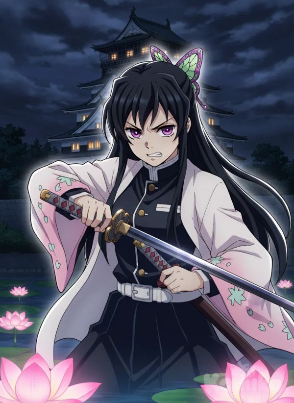 <sakiya-sakurama-YDVF>, anime screencap, anime coloring, holding sword, angry, frown, upper body, backlight, night, lotus, castle