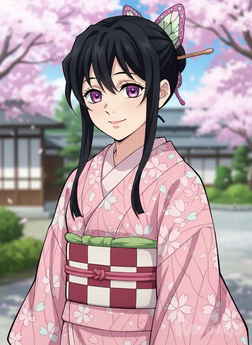 <sakiya-sakurama-YDVF>, anime screencap, smile, bun, hairpin, pink kimono, hair accessory