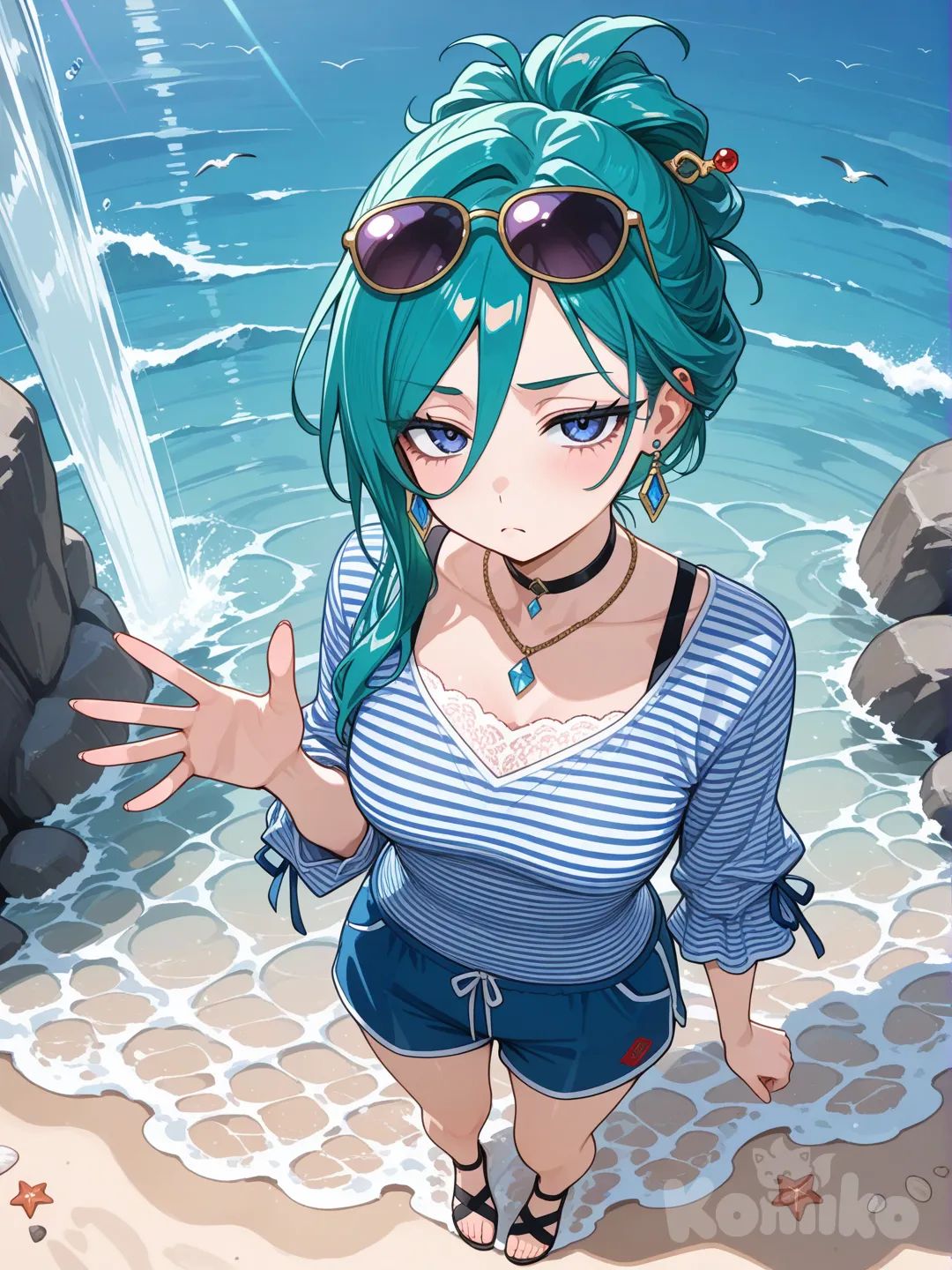 1girl, waving, disappointed, striped shirt, beach shorts, lace, earrings, choker, necklace, jewelry, sunglasses, diamonds, updo, side part, klein blue, full body, bird's-eye view, day, waterfall