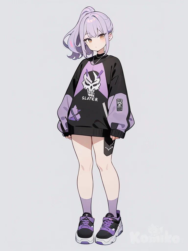1girl, original character, Slayer, teenager, slim, petite, short, curvy, brown eyes, purple hair, ponytail, Slayer style, pastel colors, single character, full body, looking at viewer, anime style, simple background, white background