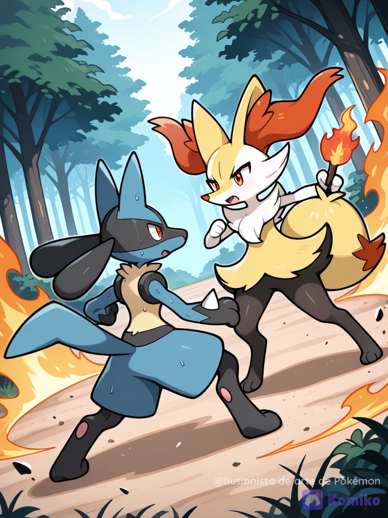 Lucario apunto de luchar contra braixen