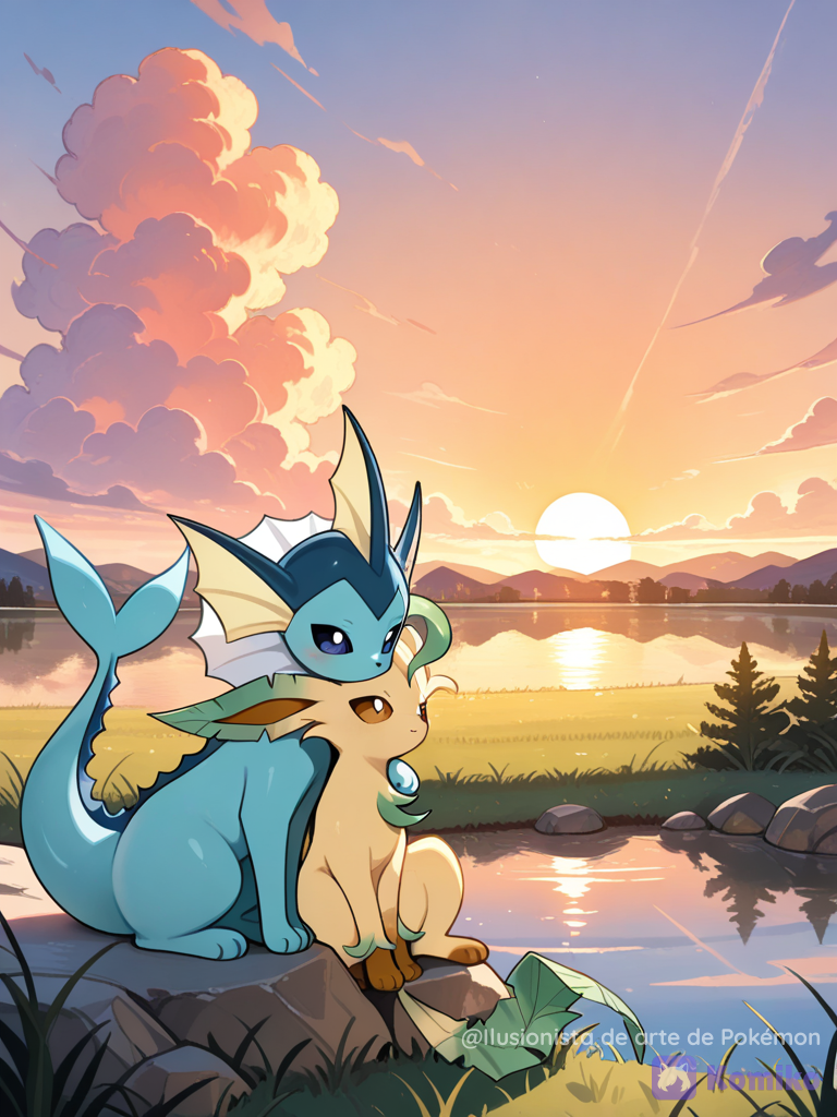 Vaporeon y Leafeon viendo el atardecer