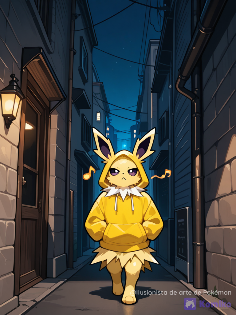 Jolteon llevando una chaqueta caminando por un callejón