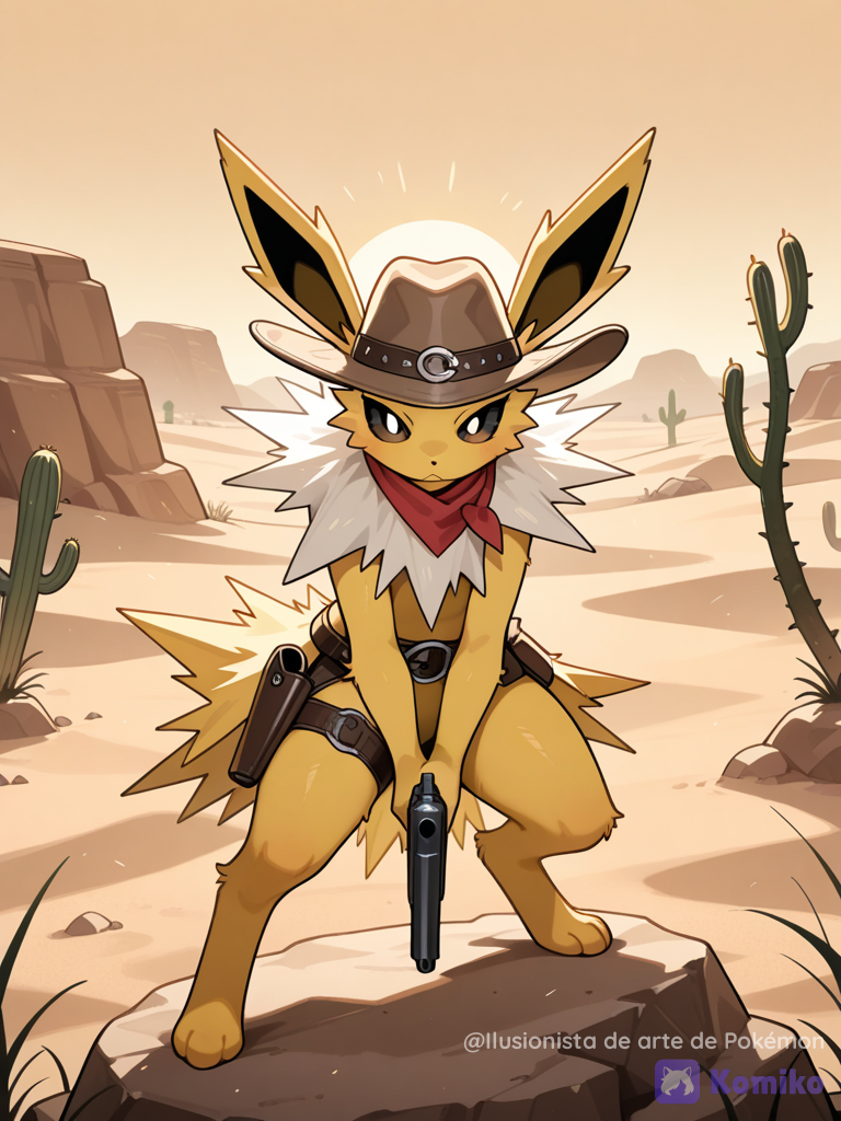 Jolteon en el desierto llevando ropa de vaquero