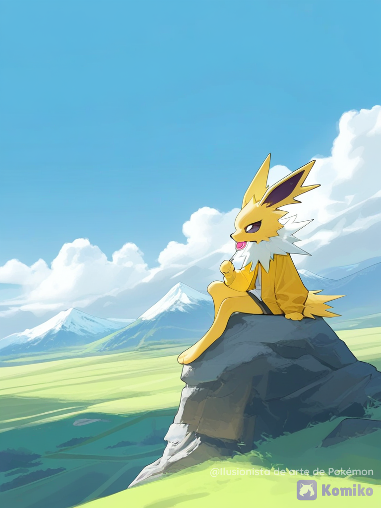 Jolteon viendo el paisaje mientras come una chupeta