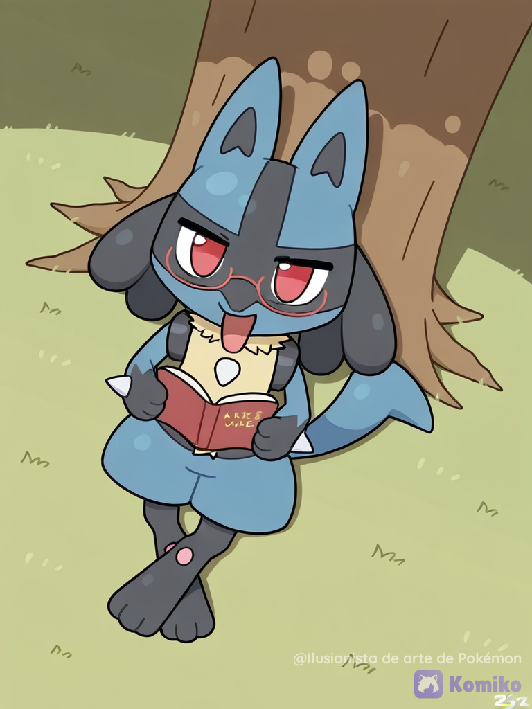 Lucario debajo de un árbol leyendo