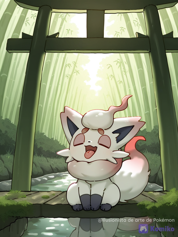 Hisuian Zorua en un bosque cerca de un río