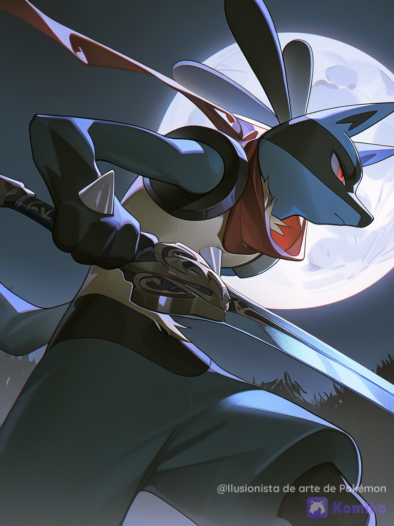 Lucario en la noche sosteniendo una espada