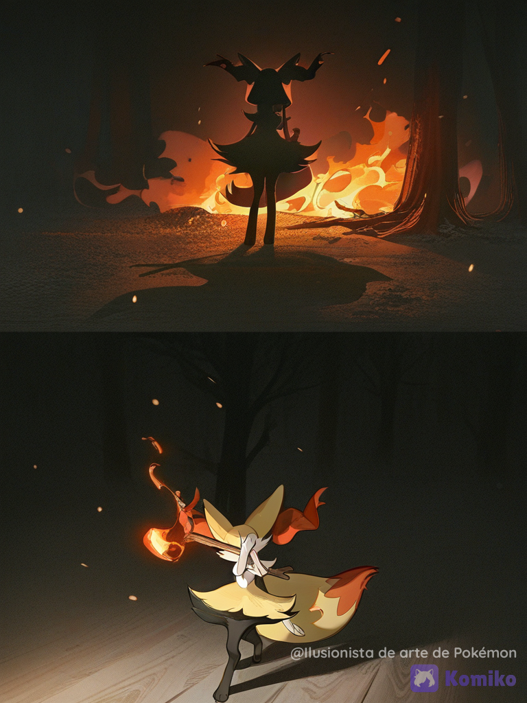 Braixen quemando un bosque de noche