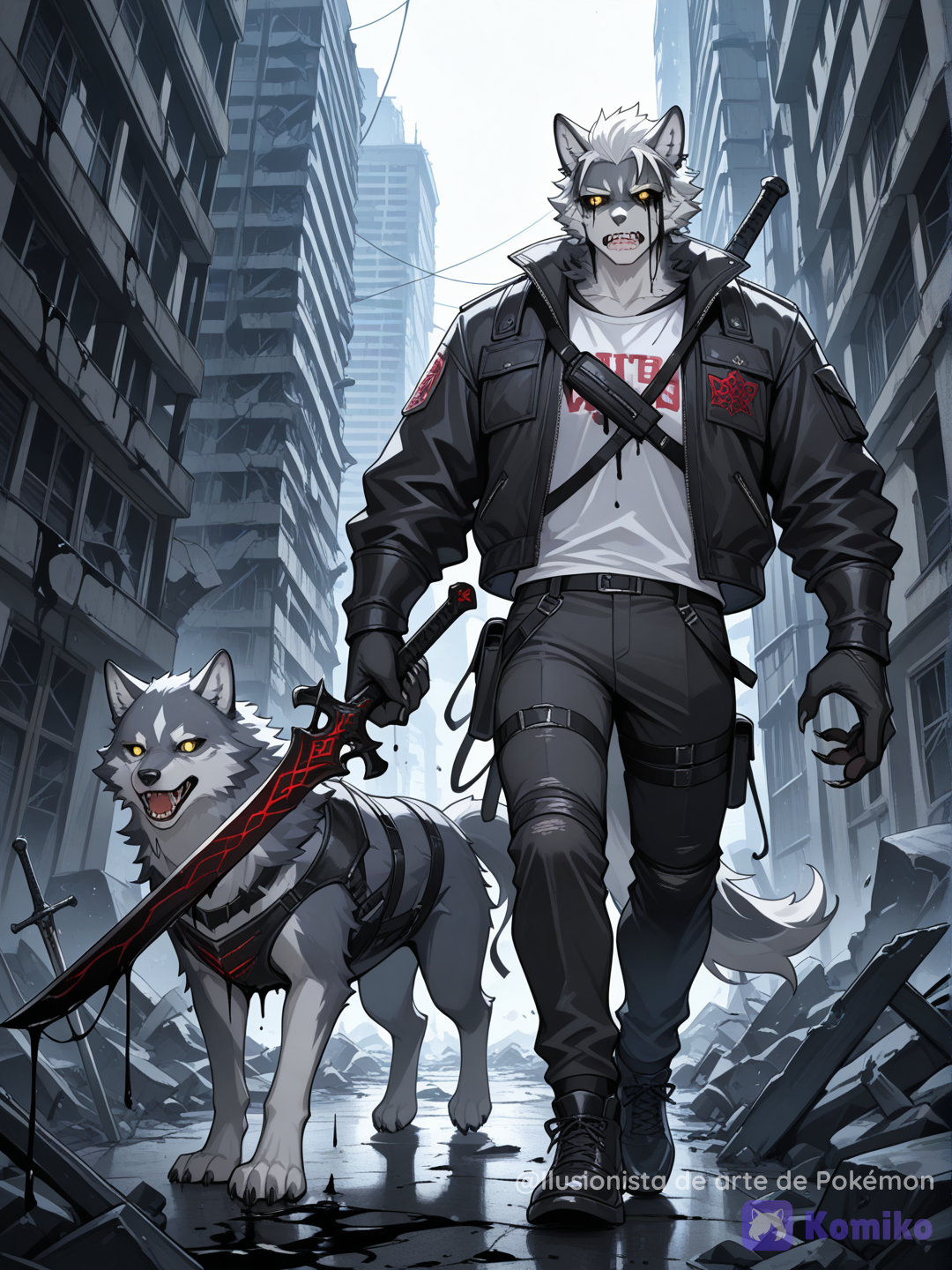 Willbell caminando por una ciudad destrozada con su lobo