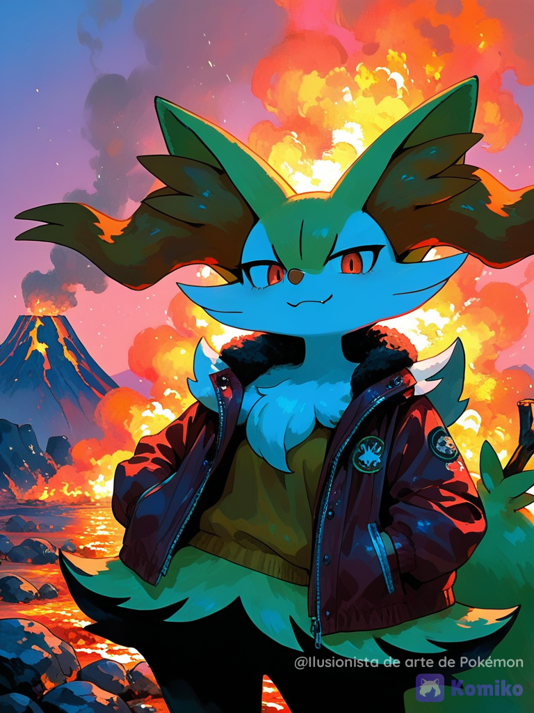 Braixen posando cerca de un volcán