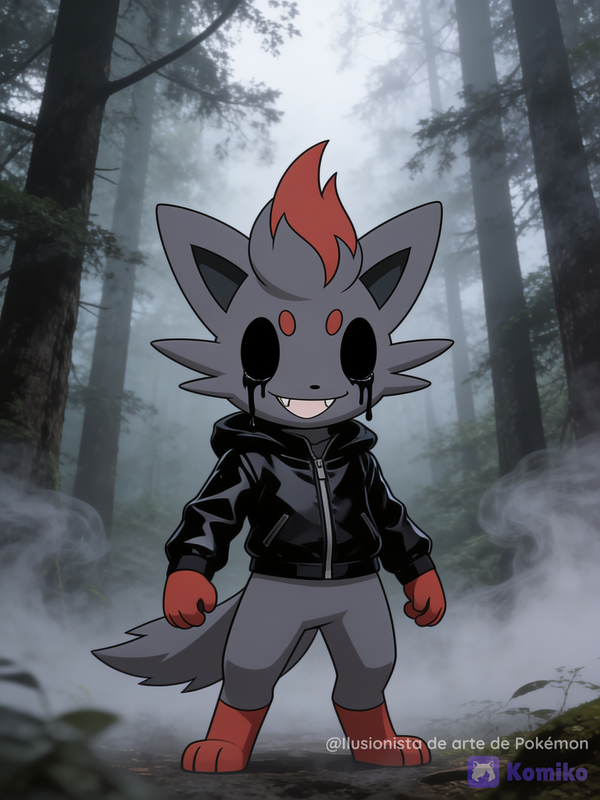 Devil Zorua en un bosque nublado