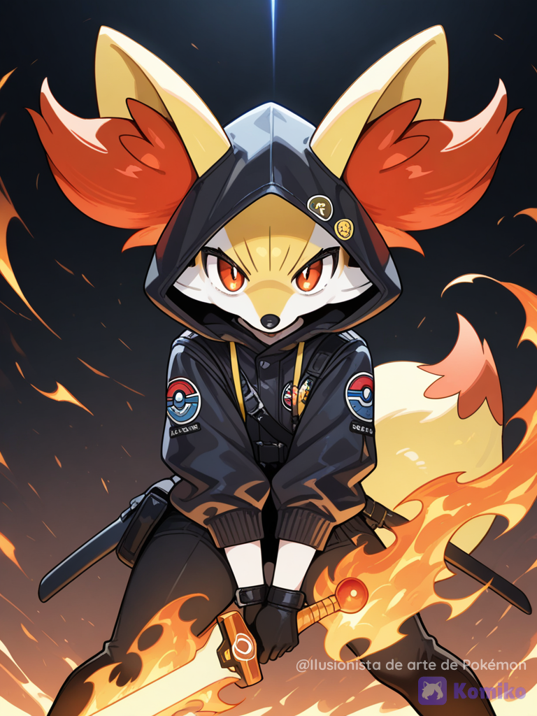 Fennekin llevando una espada de fuego