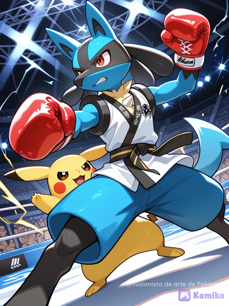 Pikachu y Lucario en lucha libre