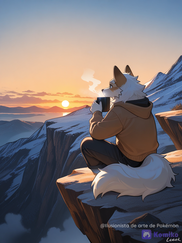 Lobo tomando un café mientras ve un atardecer