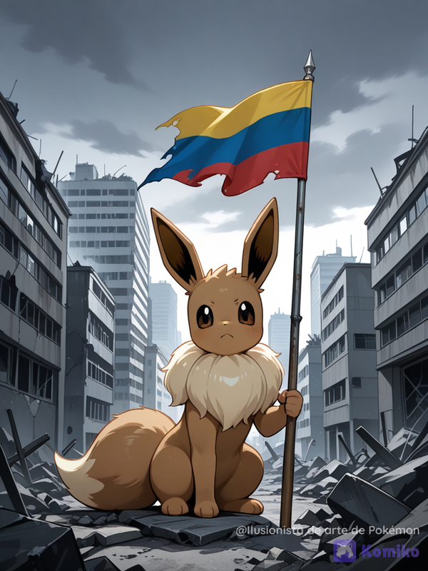 Eevee sostenido la bandera de Venezuela en una ciudad destrozada