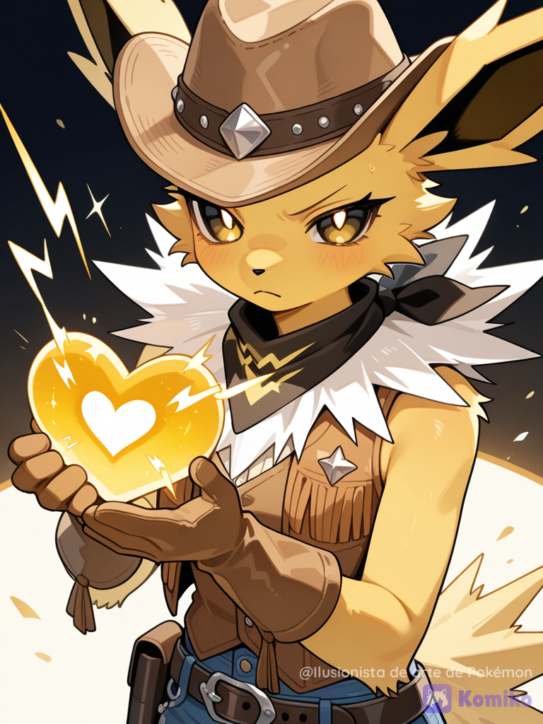 Jolteon con ropa de vaquero sosteniendo su alma amarilla