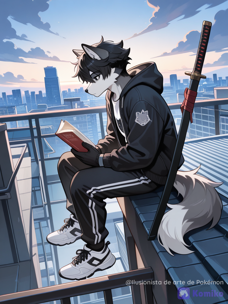 WolfBill leyendo un libro en un edificio