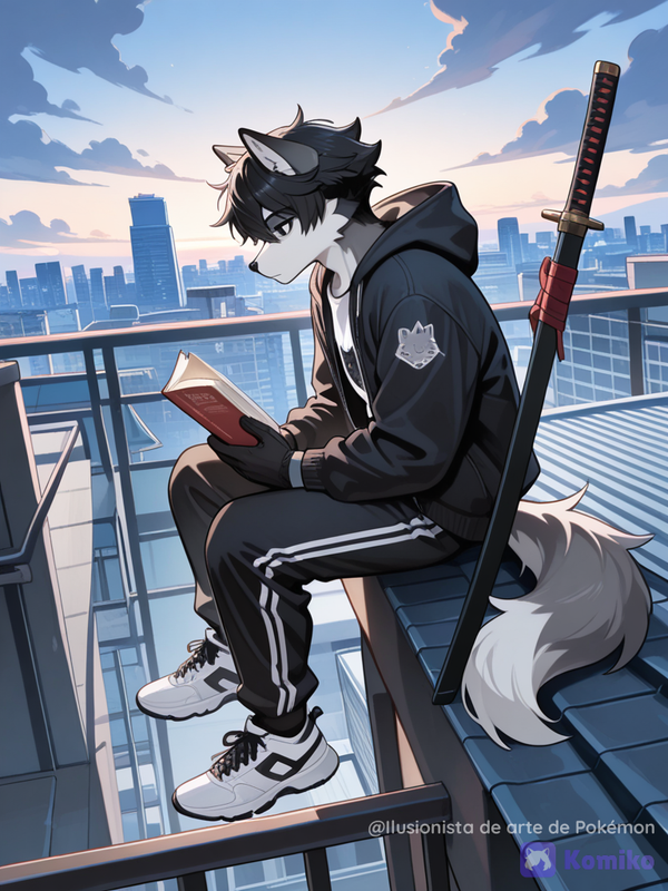WolfBill leyendo un libro en un edificio