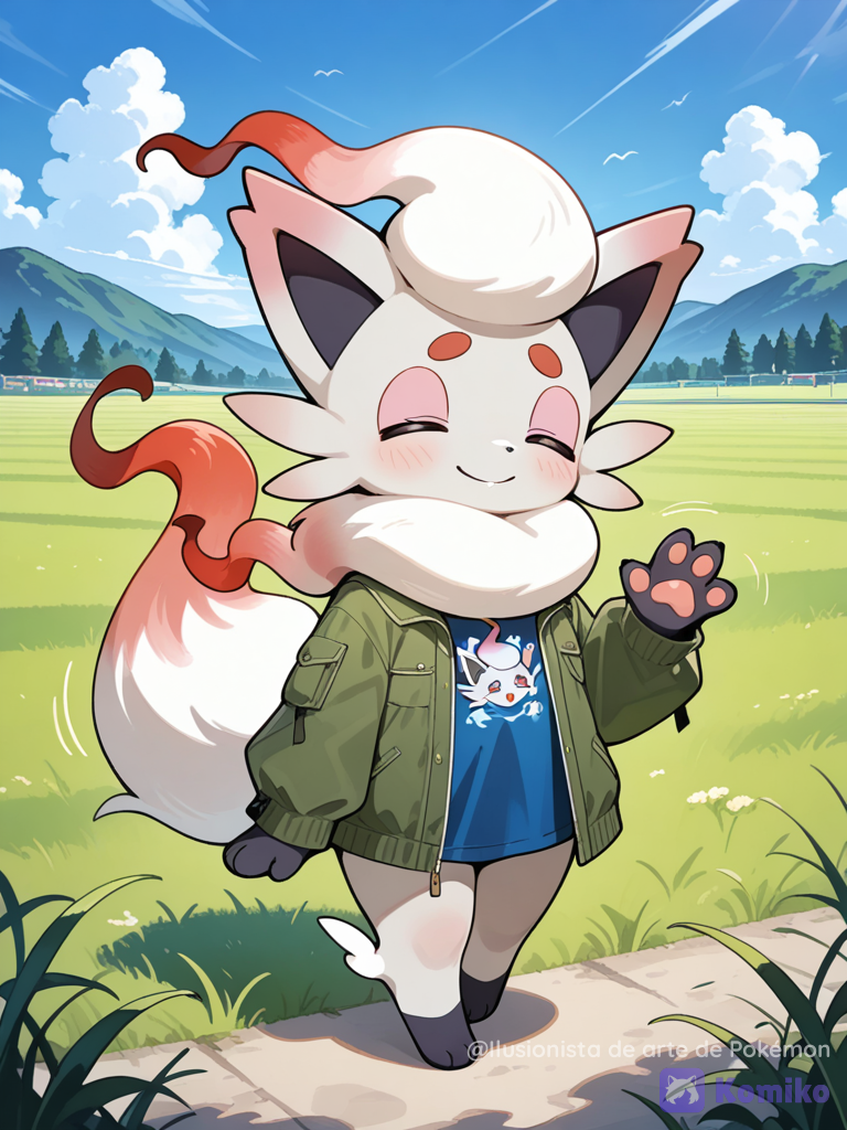 Hisuian Zorua llevando ropa en un paisaje