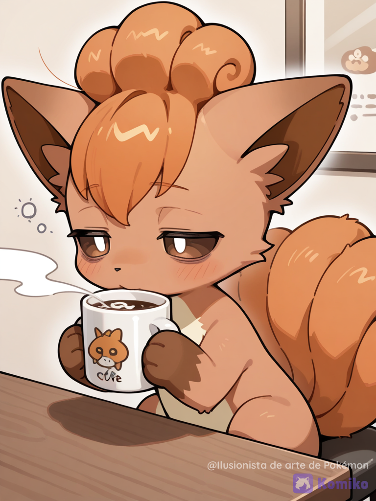 Vulpix cansado tomando café