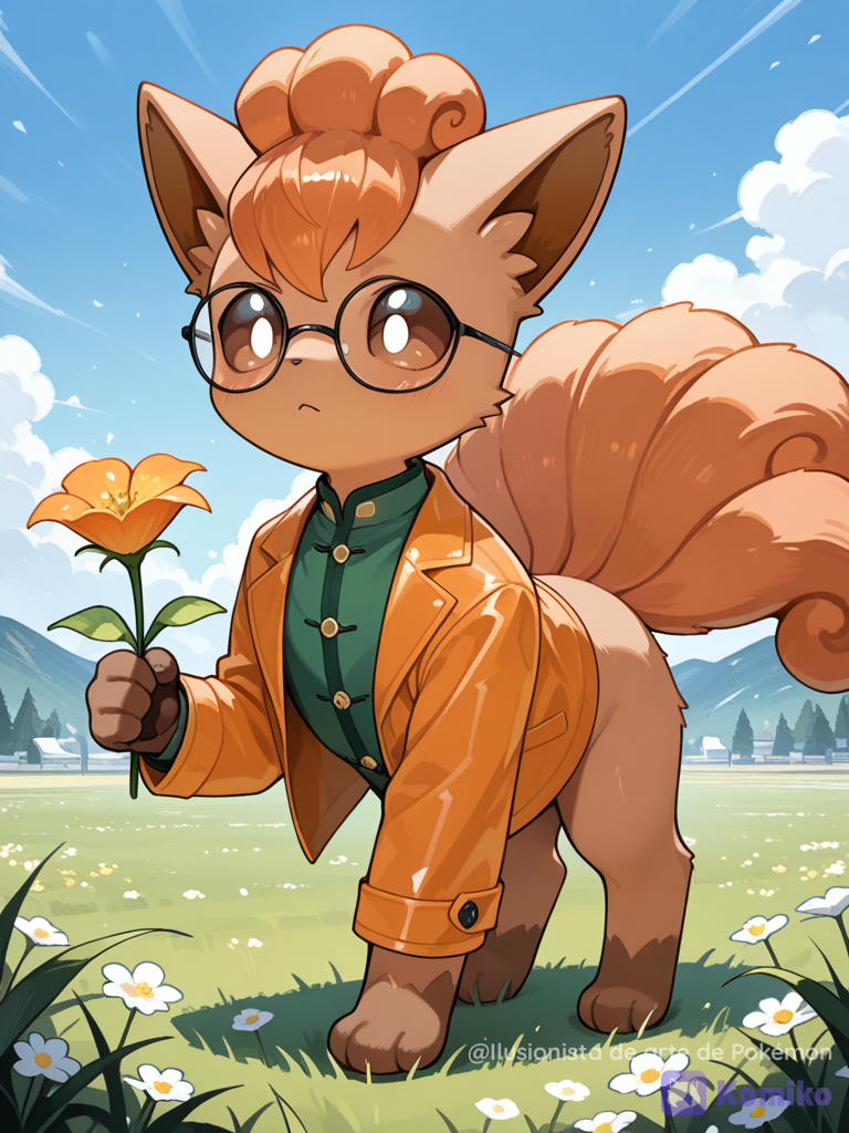 Vulpix con ropa llevando una flor