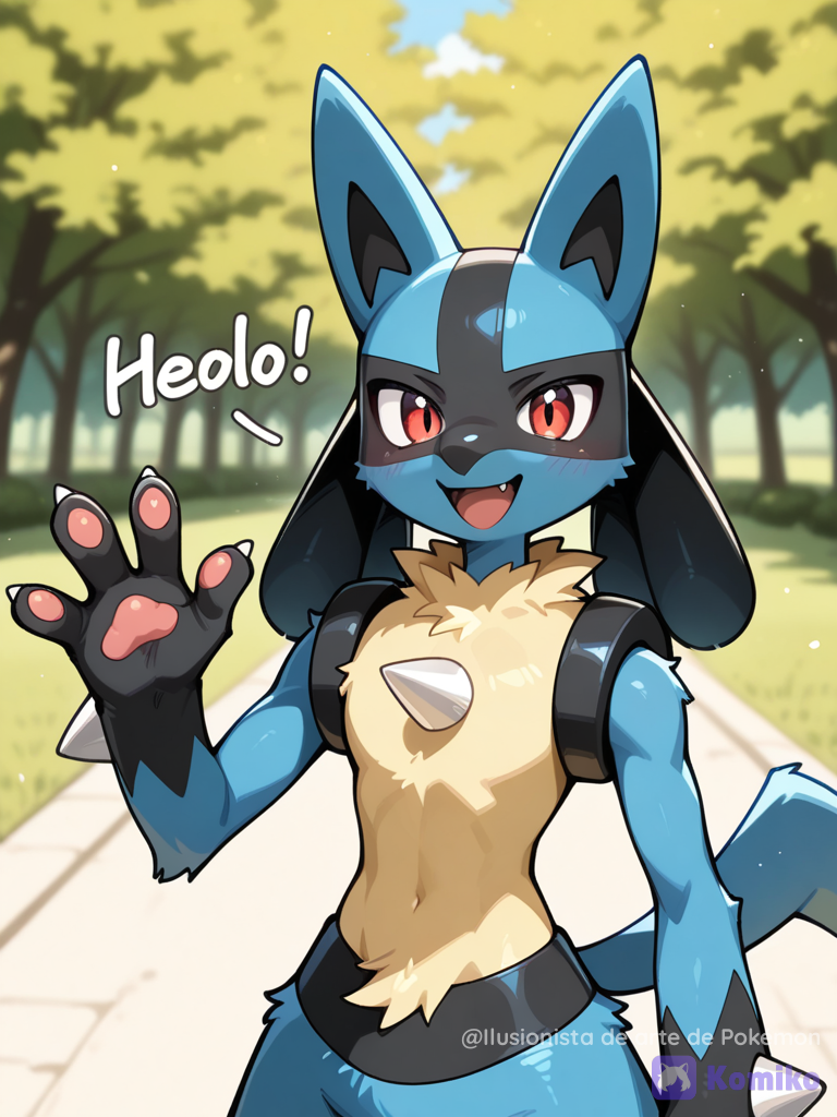 Lucario saludando alegremente