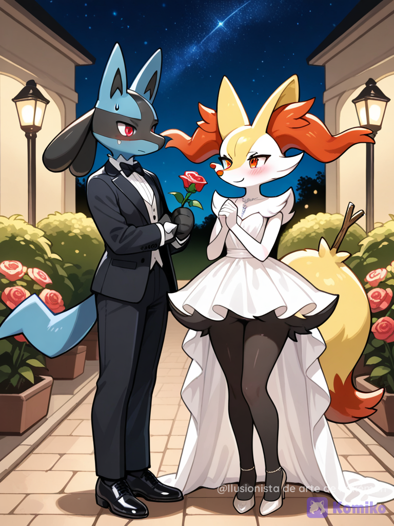 Lucario apunto de darle una flor a Braixen