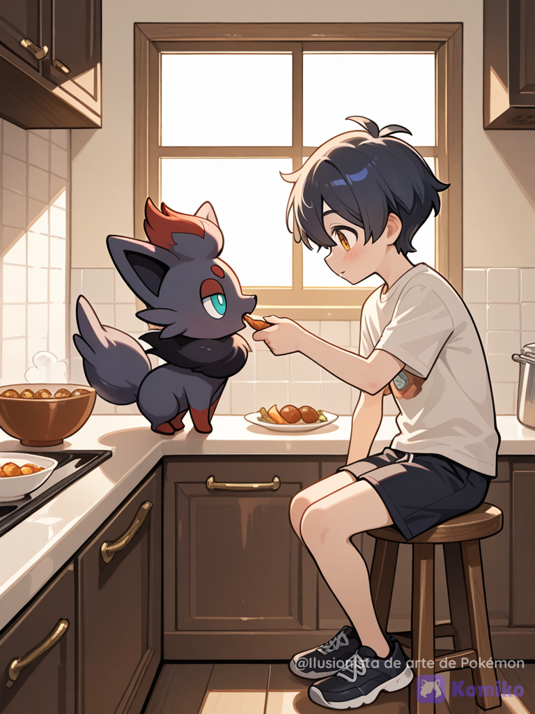 Zorua siendo alimentado por su entrenador