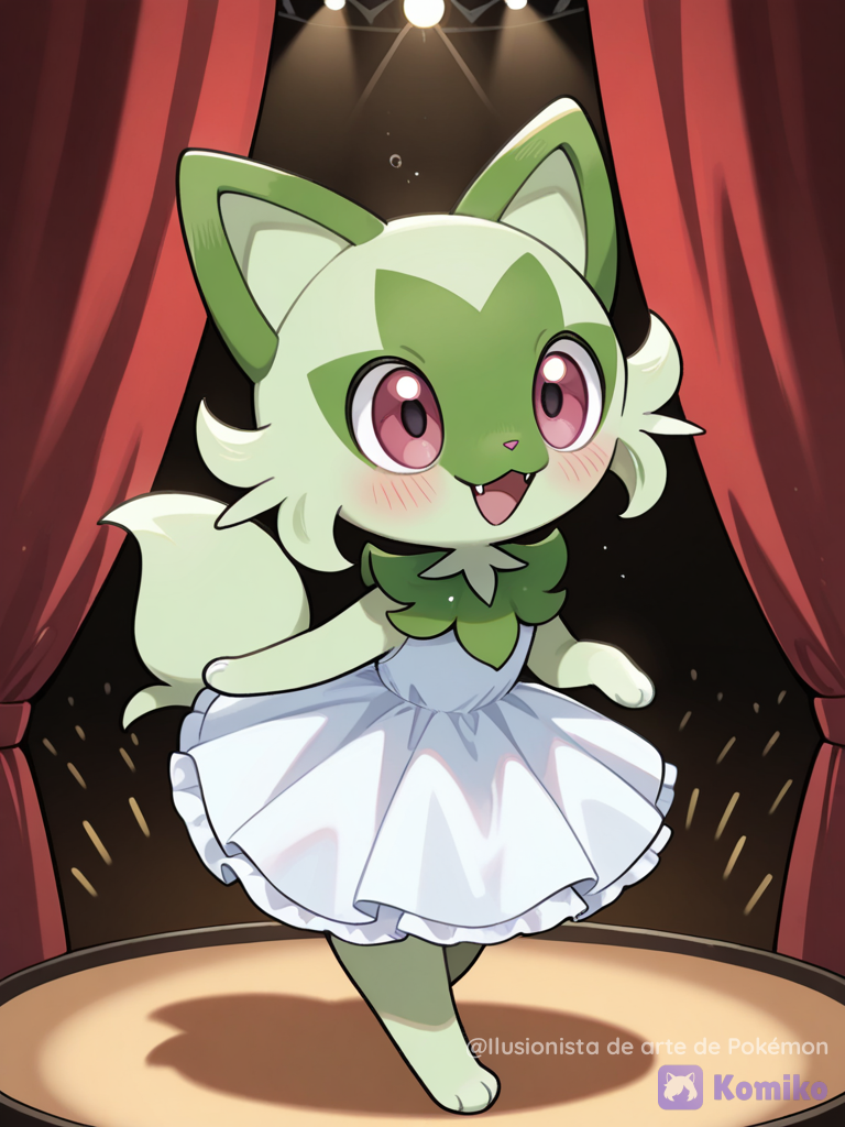 Sprigatito con un vestido en un teatro