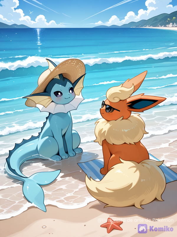 Vaporeon y su amigo Flareon en la playa