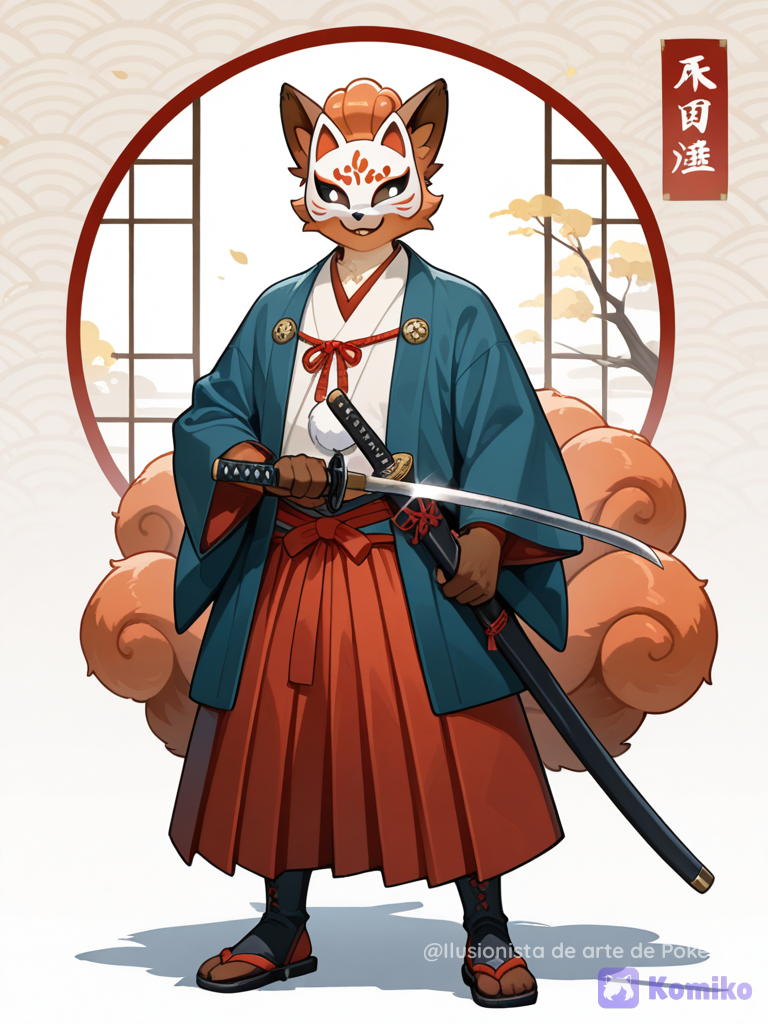 Vulpix con ropa japonesa sosteniendo una katana