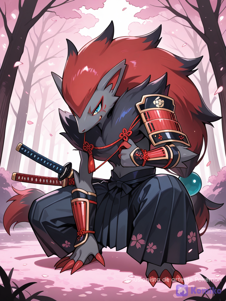 Zoroark llevando una armadura en un paisaje japonés