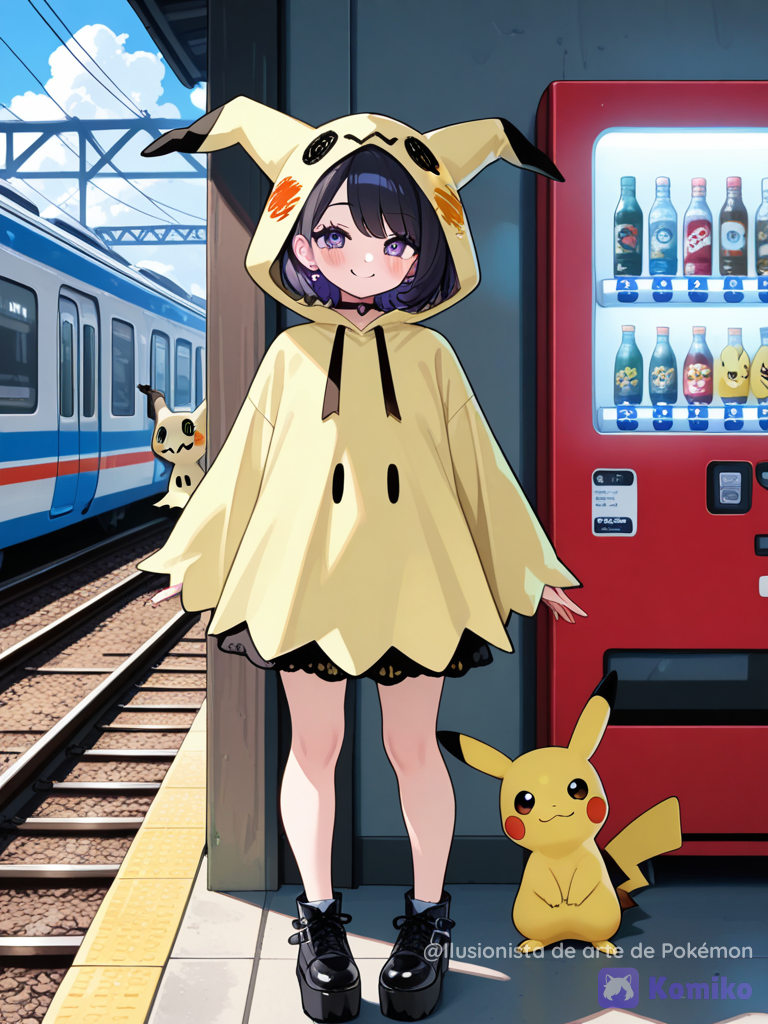 Entrenadora disfrazada de mimikyu con Pikachu