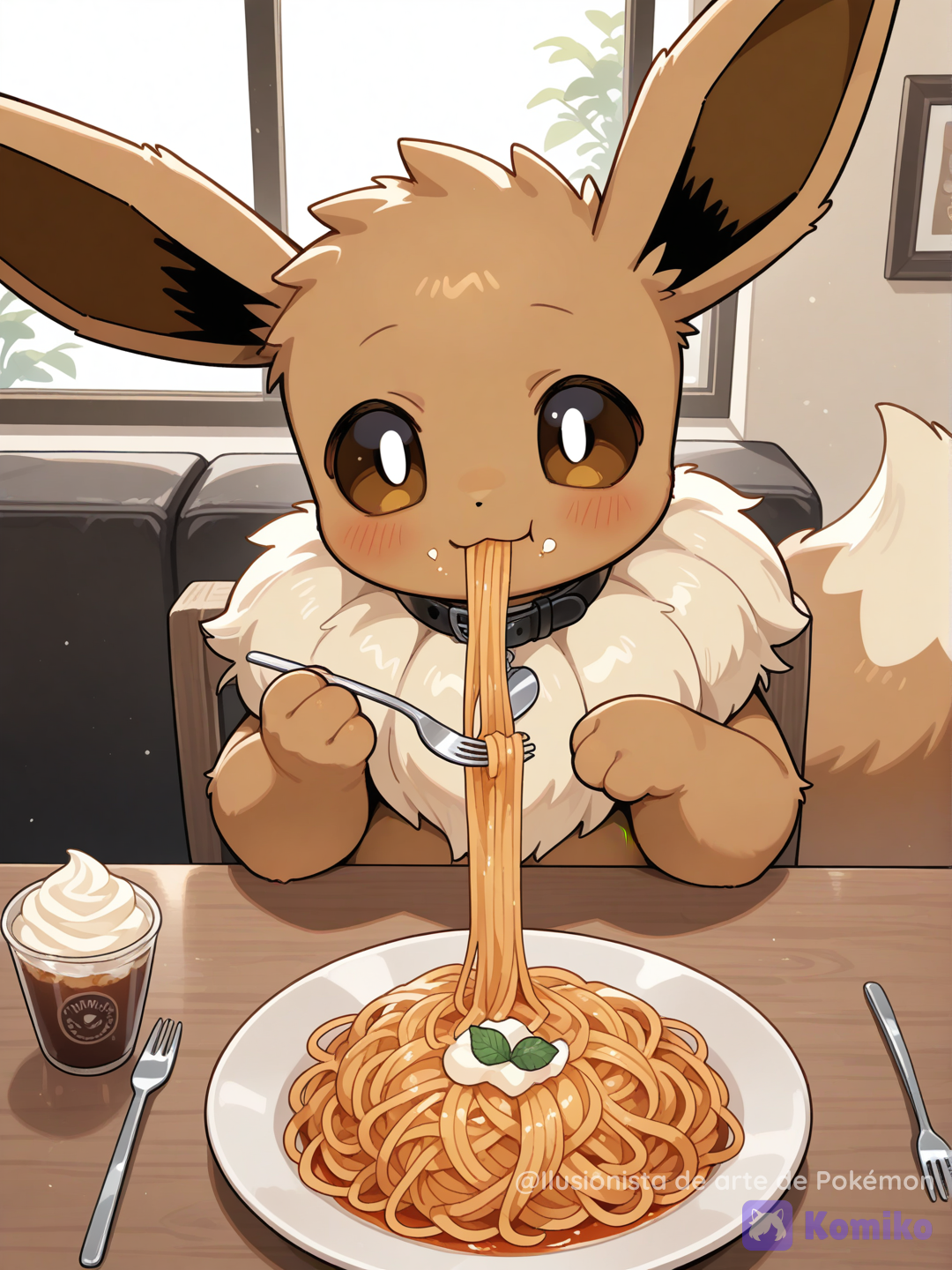 Eevee comiendo pasta