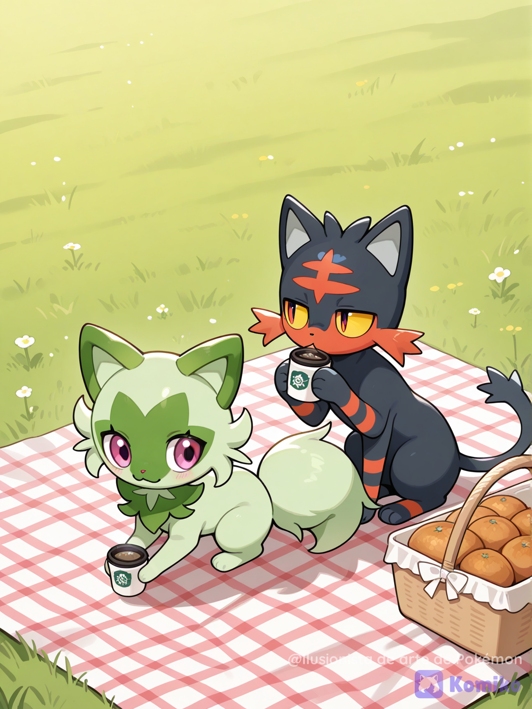 Sprigatito y litten en un picnic
