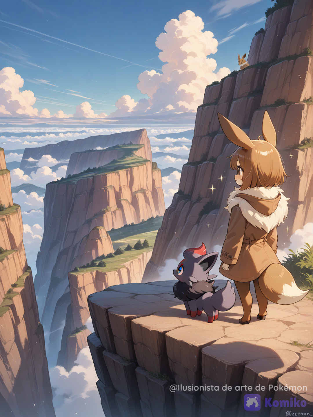 Eevee semi humano viendo el paisaje con Zorua