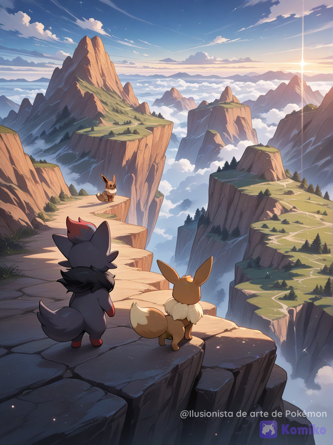 Zorua y Eevee en un paisaje
