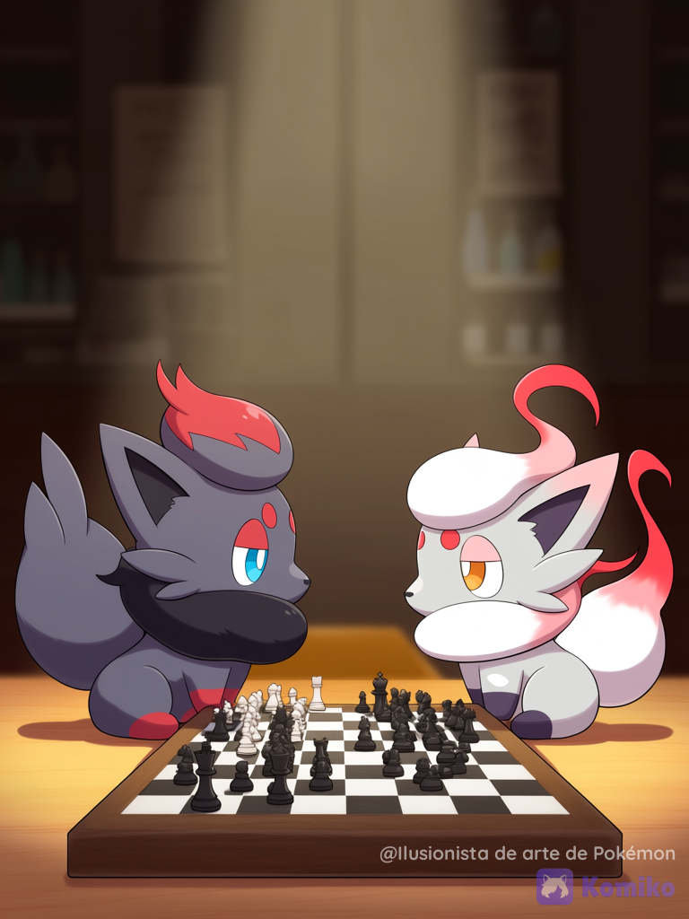 Zorua y Hisuian Zorua en una partida de ajedrez