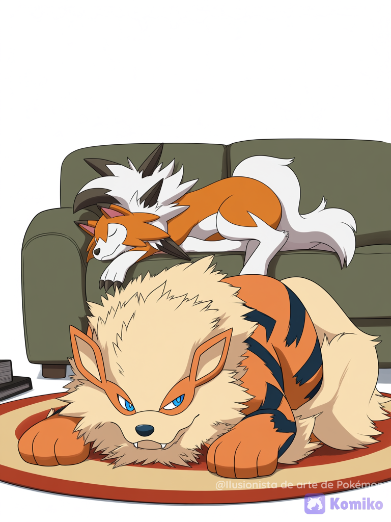 Lycanroc durmiendo mientras Arcanine está en el sofá